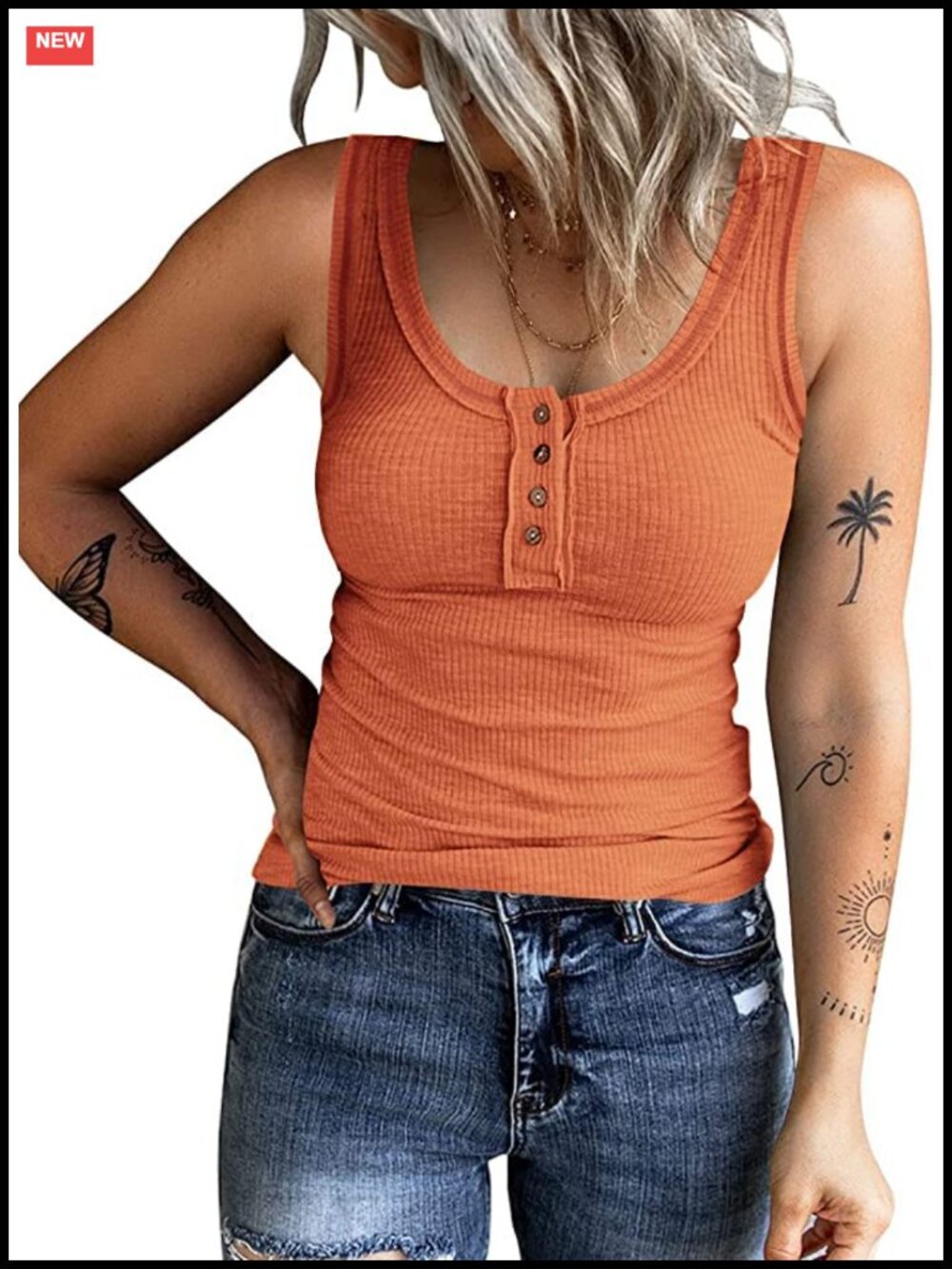 Women's Sleeveless Ribbed Knit Tank Top Henley Button Down Summer